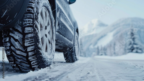 Close-up illustration of car tires in winter on a road covered with snow, slippery on the road. © A LOT ABOUT EVERYTHI