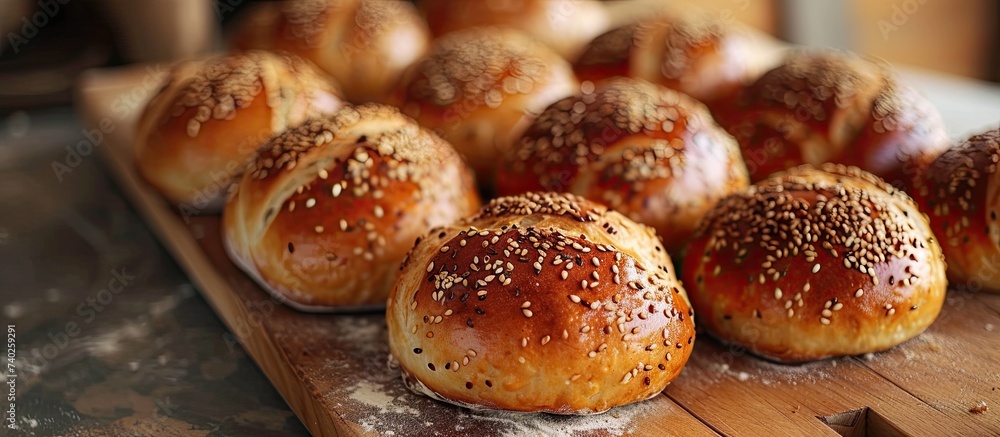 A wooden cutting board showcasing a delectable assortment of freshly baked brown grain buns, perfectly cooked and generously topped with sesame seeds.