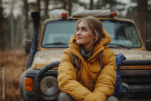 A stylish lady bundled up in a yellow jacket sits on the hood of a truck surrounded by winter trees, reflecting on the rugged beauty of the outdoor landscape