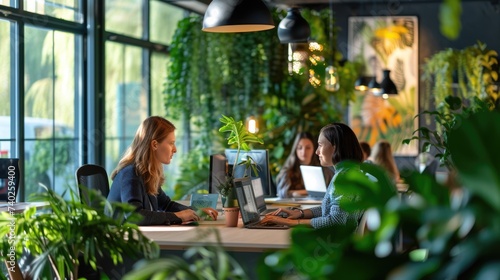 A modern co-working space bustling with professionals working on laptops surrounded by green indoor plants and natural light. AIG41