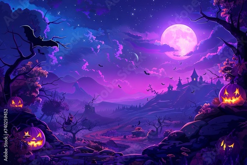 Halloween monster, pumpkin, witch night, scary night and night forest theme, in the style of vibrant stage backdrops, dark purple, realistic landscape paintings, light purple and dark crimson.