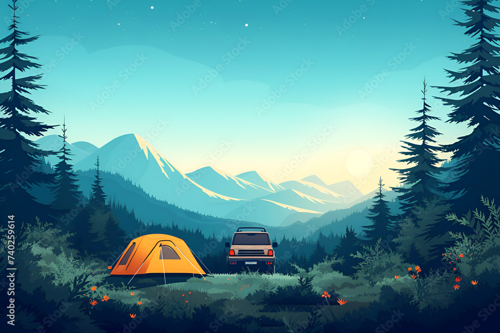 Camping tent close up concept of traveling on dirt roads on an off-road vehicle.
