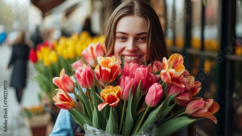 The beautiful girl with a smile on her face is holding a bright bouquet of tulips in honor of International Women's Day. Sparkling eyes and a happy smile make her look even more magnificent. The whole © boba