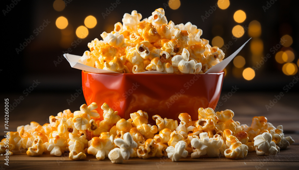 Fresh popcorn in a yellow bowl, perfect movie theater snack generated by AI Fresh popcorn in a yellow bowl, perfect movie theater snack generated by AI