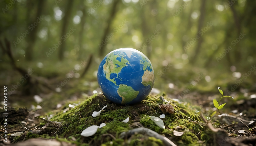 Globe on grass. Globe on green forest. Earth Day Concepts. World Environment Day Concept. Environment and Nature Concept Globe on grass. Globe on green forest. Earth Day Concepts. World Environment Day Concept. Environment and Nature Concept