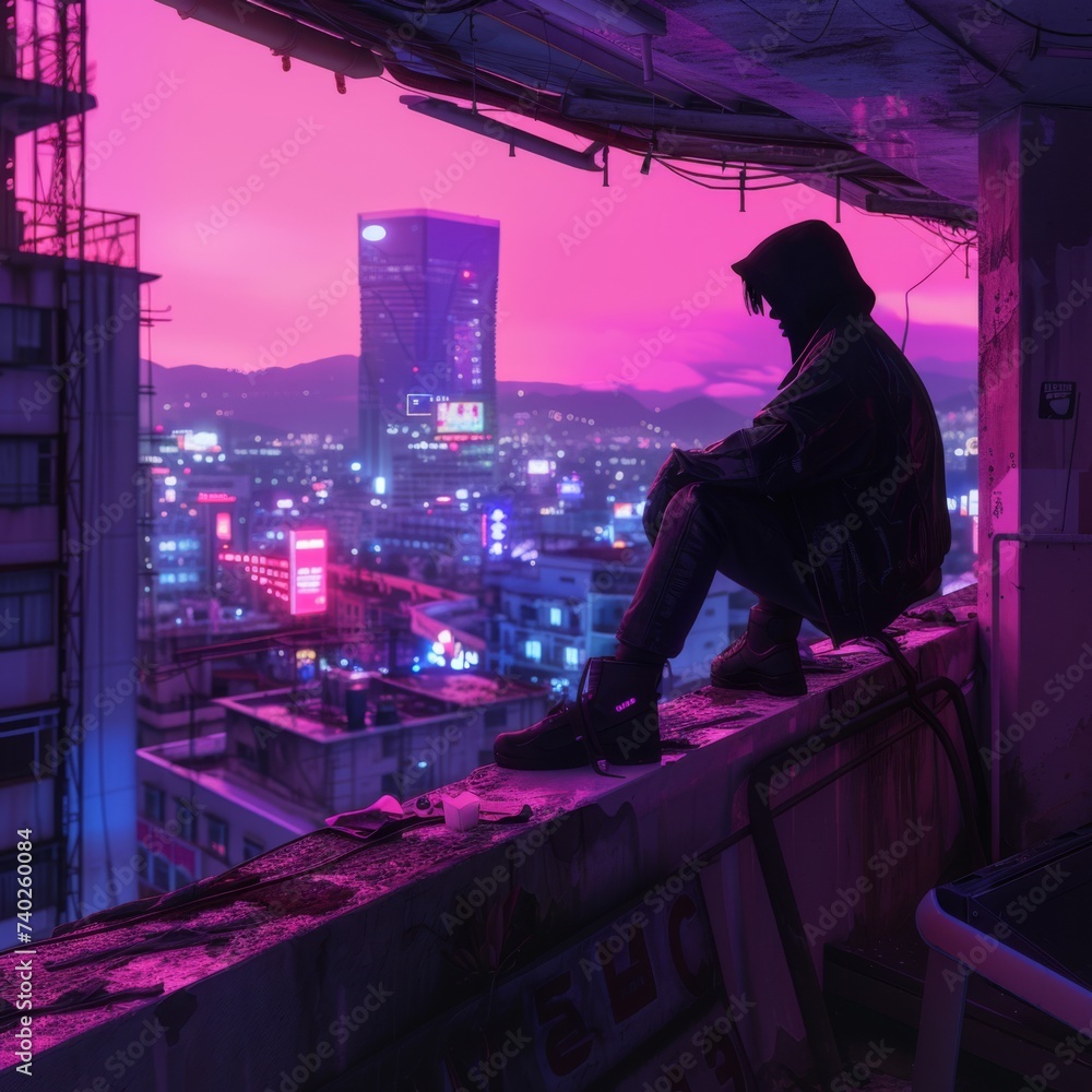 Atop the rooftop, a cyberpunk ambiance unfolds, painting a futuristic scene against the urban skyline