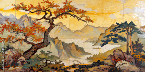 beautiful wall mosaic with oriental culture, japanese o chinese