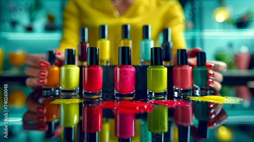  Hands with red-painted nails selects from a bold array of colorful nail polish bottles reflected on a glossy surface.