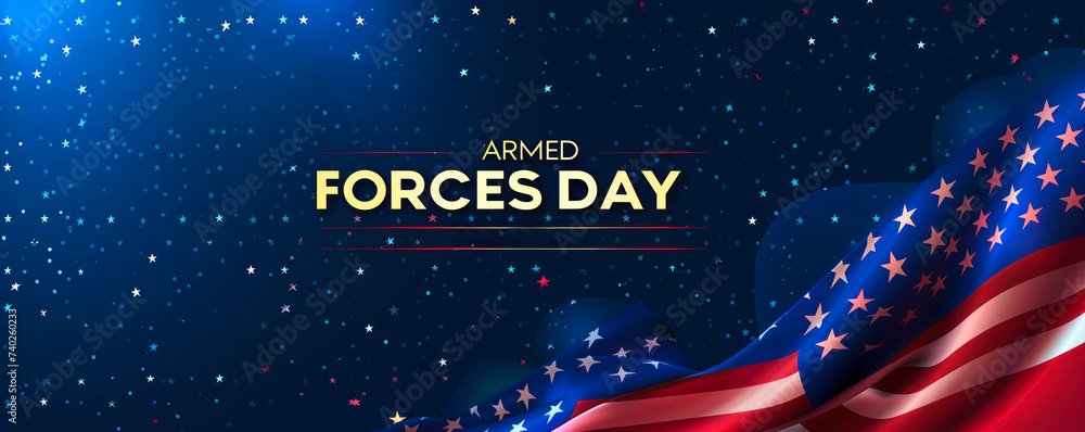 Patriotic Armed Forces Day banner featuring an elegant American flag with stars and stripes, against a starry night sky backdrop, honoring military service - obrazy, fototapety, plakaty 