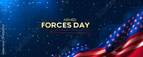 Patriotic Armed Forces Day banner featuring an elegant American flag with stars and stripes, against a starry night sky backdrop, honoring military service photo