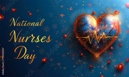 National Nurses Day celebrated with a golden heart and ECG line, surrounded by smaller hearts against a deep blue backdrop, honoring healthcare professionals