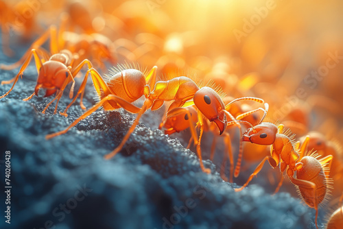 A group of ants working together to transport food to their nest, exemplifying the collaborative and industrious nature of ant colonies. Concept of teamwork in nature. Generative Ai. © Sebastian