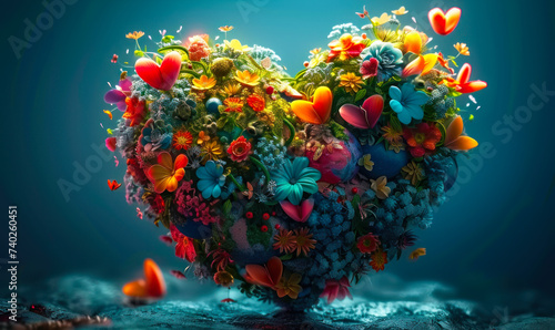 Vibrant 3D heart-shaped planet bursting with diverse flora and fauna, symbolizing love for nature and biodiversity in a surreal artistic concept
