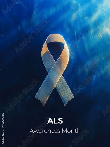 ALS Awareness Month concept poster with a white ribbon symbol on a blue gradient background promoting support and research for amyotrophic lateral sclerosis