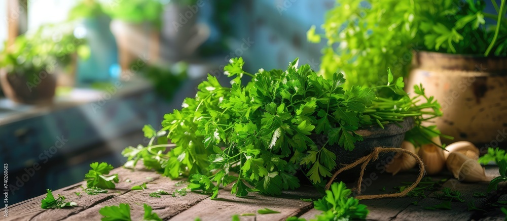 A cluster of vibrant green plants, including fresh parsley sprigs, placed neatly on top of a rustic wooden table in a kitchen. A cluster of vibrant green plants, including fresh parsley sprigs, placed neatly on top of a rustic wooden table in a kitchen.