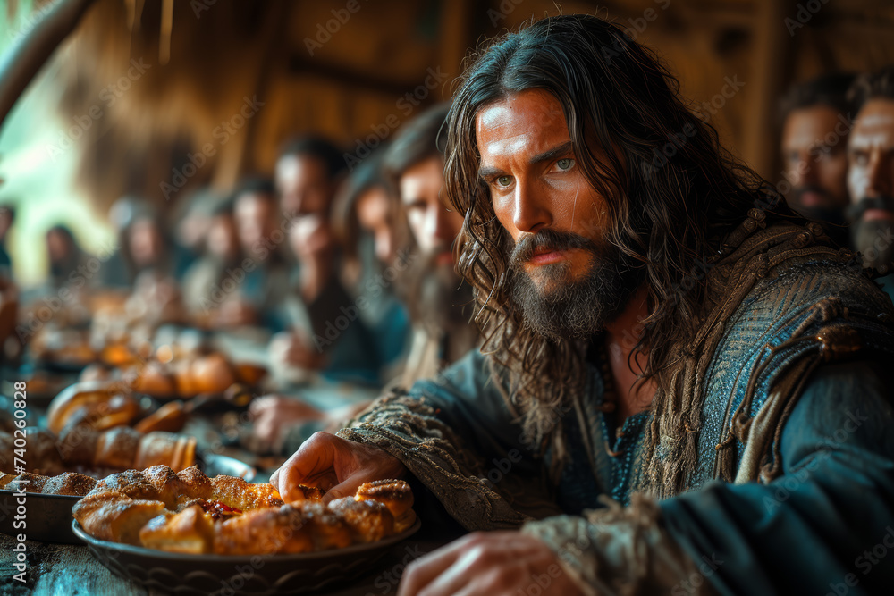 Staging of Christ breaking bread with the disciples after his resurrection, emphasizing the intimate and communal aspects of sharing a meal. Concept of post-resurrection communion. Generative Ai.