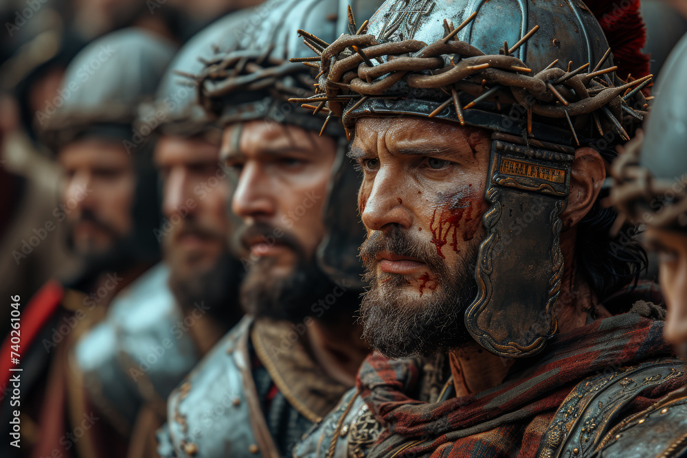 Imagination of The Roman soldiers mocking and beating Jesus, depicting the harsh treatment he endured before his crucifixion. Concept of physical suffering. Generative Ai.
