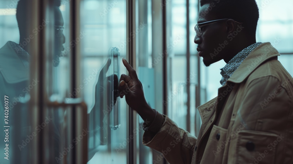 A man employs a fingerprint scanner to gain access through a glass door within an office building. Generative AI A man employs a fingerprint scanner to gain access through a glass door within an office building. Generative AI