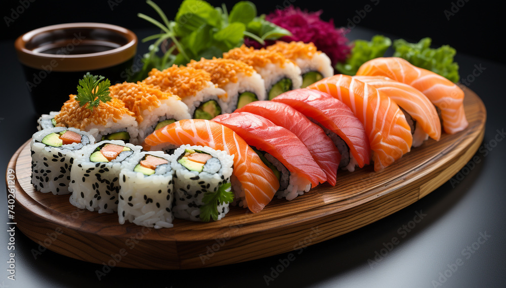 Freshness on plate sushi, sashimi, maki, nigiri, seaweed, avocado generated by AI Freshness on plate sushi, sashimi, maki, nigiri, seaweed, avocado generated by AI