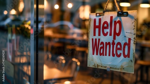 Help Wanted Sign Displayed on a Restaurant Window