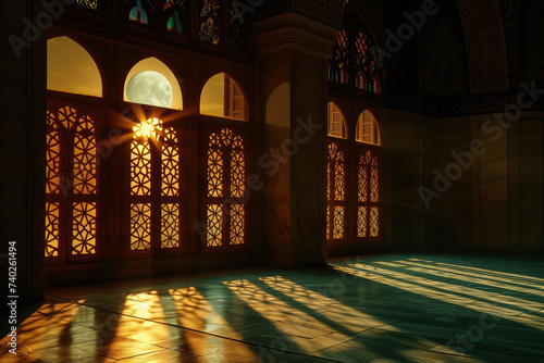 An Islamic mosque interior moonlight shine on ramadan holy month and the muslim religion concept background. photo