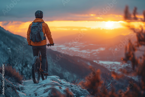 Active man with bicycle on mountain at sunset © Ala