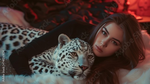 a female with long brunette hair, she is lying on a bed and a white leopard is next to her, dark black and red room