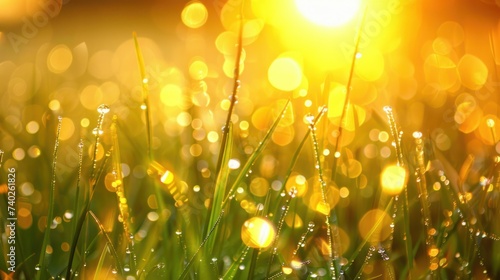 In the early light, dew-kissed blades of grass shimmer with freshness