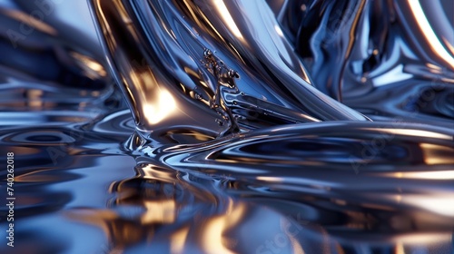 Liquid metal pouring into a glass vessel; molten streams, metallic gleam
