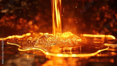 Liquid metal pouring into a glass vessel; molten streams, metallic gleam