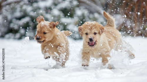 Puppies frolic in the snow, chasing each other with joyful barks