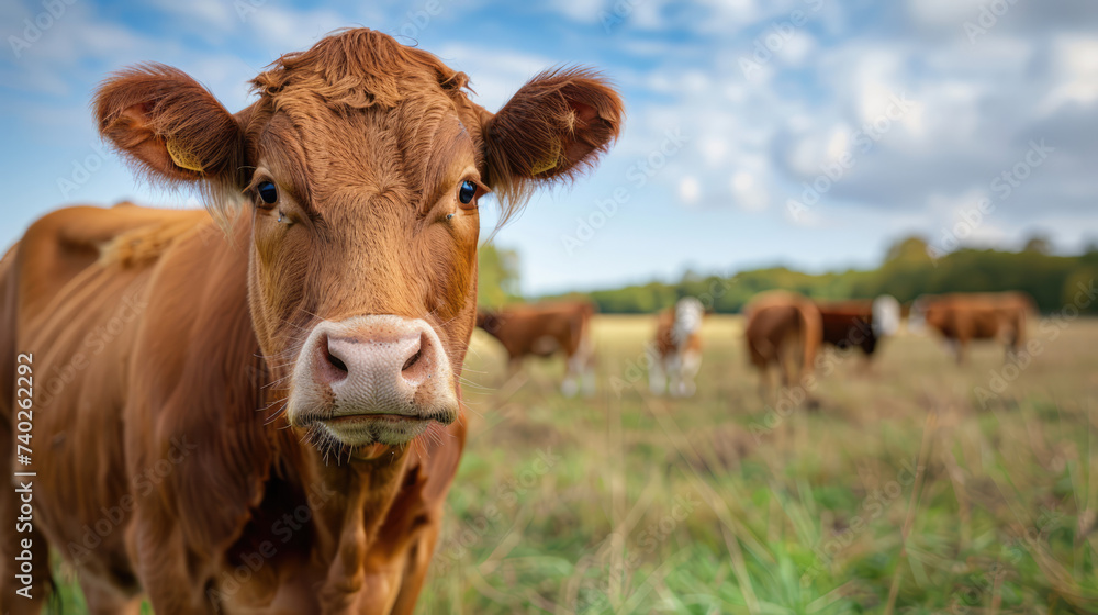A close-up image of a young brown calf with a white snout, standing in a lush green field during sunset, with the sky painted in soft hues of blue and orange A close-up image of a young brown calf with a white snout, standing in a lush green field during sunset, with the sky painted in soft hues of blue and orange