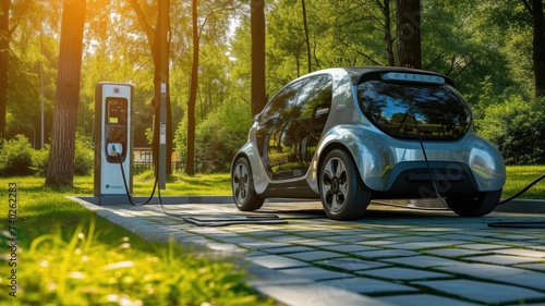 Electric autonomous vehicle parked at a charging station in a green park, symbolizing the future of eco-friendly urban mobility photo