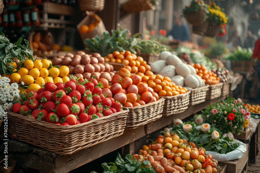A bustling farmers' market filled with fresh produce, flowers, and local goods, showcasing the abundance of seasonal offerings. Concept of community commerce. Generative Ai. A bustling farmers' market filled with fresh produce, flowers, and local goods, showcasing the abundance of seasonal offerings. Concept of community commerce. Generative Ai.
