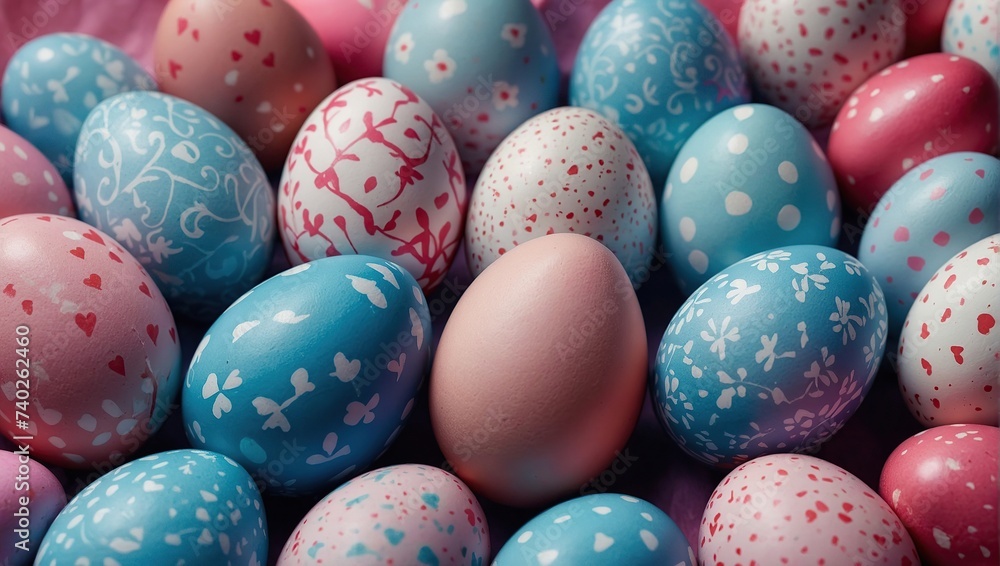 Blue and Pink Easter Background, Collection of Precisely organized Eggs with Heart Patterns