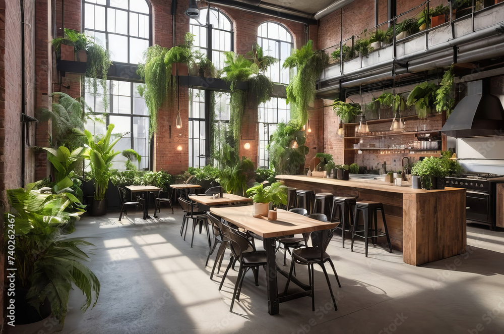 Sunlit industrial loft cafe with lush green plants. Biophilic room design.