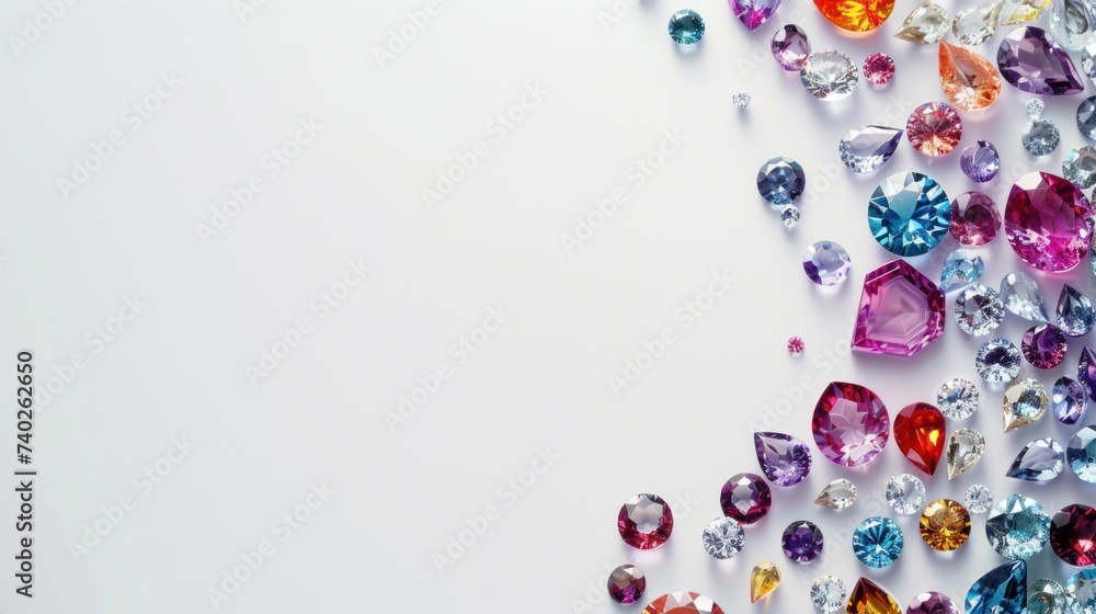 Gemstones scattered on a white background with empty space in the center Gemstones scattered on a white background with empty space in the center