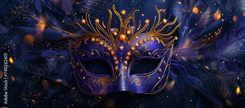 Carnival mask on a dark background with dark navy and gold © PrettyStock