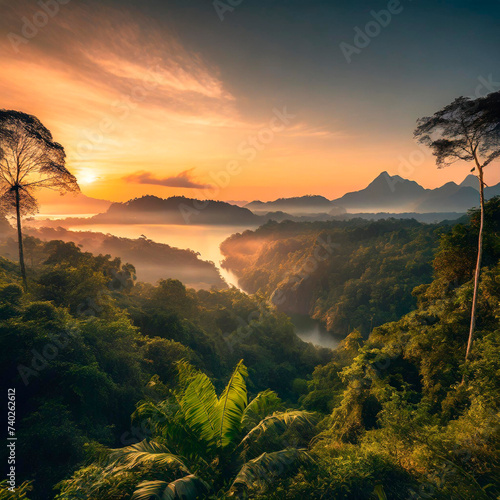 Sunset over the tropical rainforest, a tranquil scene of natural beauty