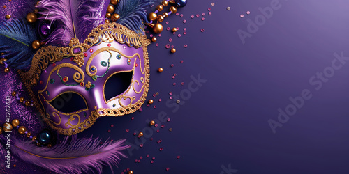 Mardi grass carnival mask and beads on purple copy space background © PrettyStock