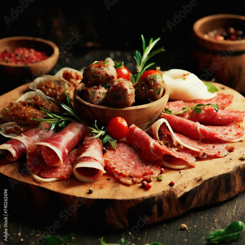 Fresh gourmet ham and meat appetizer on a wooden platter