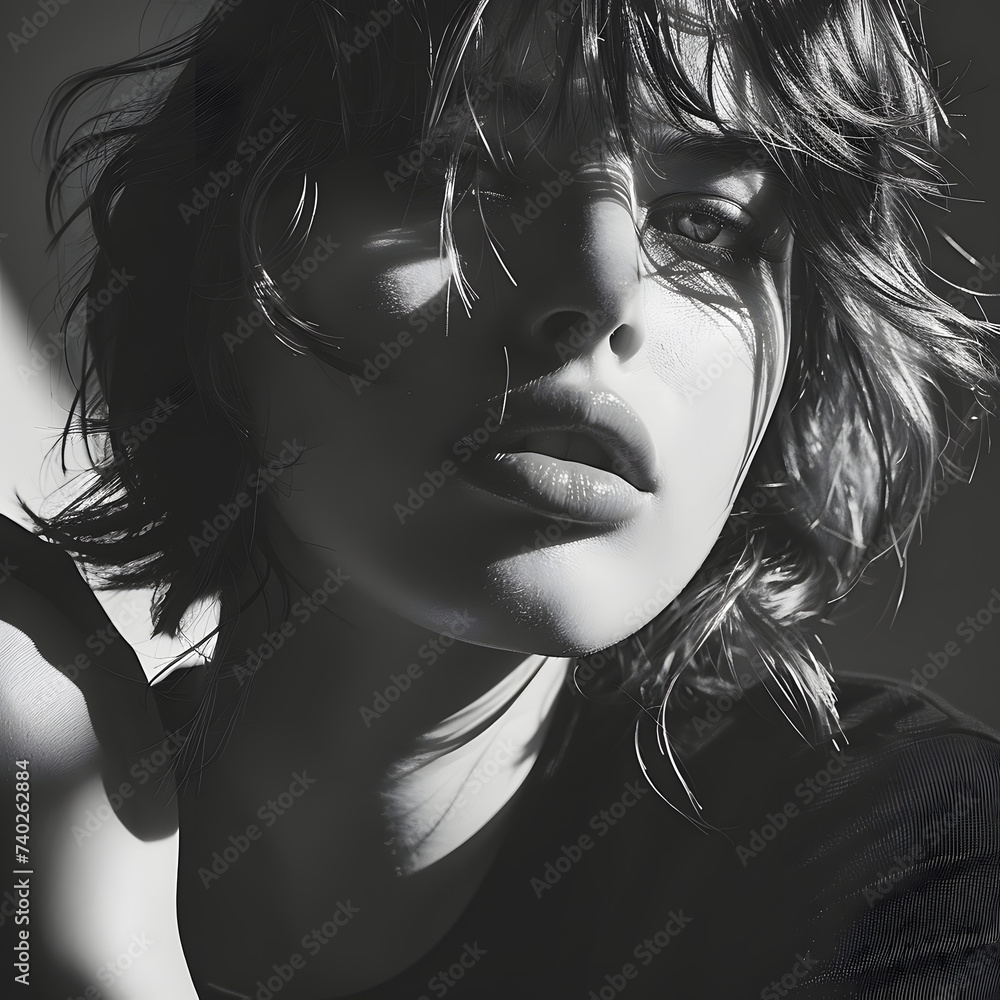 Fototapeta premium portrait of a woman with hair, girl in her twenties and thirties, sunset mood, black and white