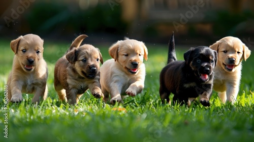 Puppies romp on lush green grass, tails wagging with excitement