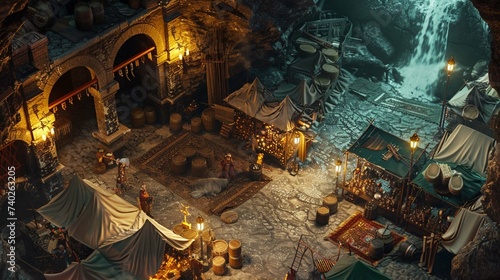 aerial view of a medieval market in a Crystal cavern, top down view, birds eye view, fantasy elven architecture, 