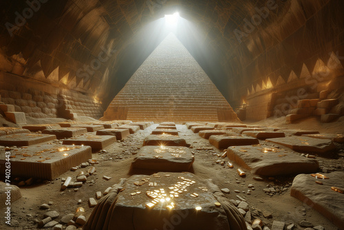 A hidden underground civilization discovered for the first time with gold treasure scattered about and a pyramid guarding a tomb.