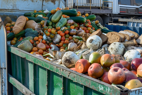 Expired Organic bio waste. Large industrial dumpster overflowing with a variety of discarded fruits, vegetables, and bread, indicating a significant amount of food waste.