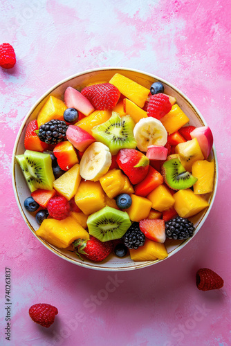 bowl with fresh organic natural fruit salad blueberry strawberry kiwi ananas banana exotic in natural studio food photography light pastel for diet weight loss healthy eating vitamins glow up