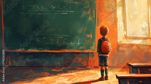 A cartoon illustration for a children's book. A schoolboy in classroom at the blackboard. 