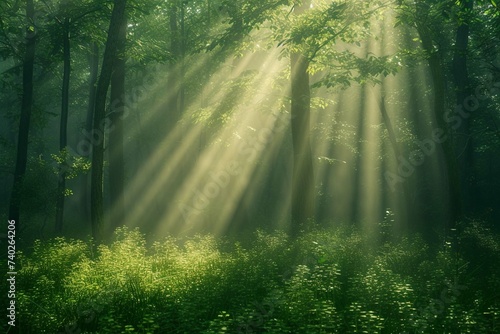 Beautiful rays of sunlight in a green forest © sania