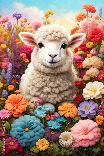 Sheep in the field with wool flowers © volgariver
